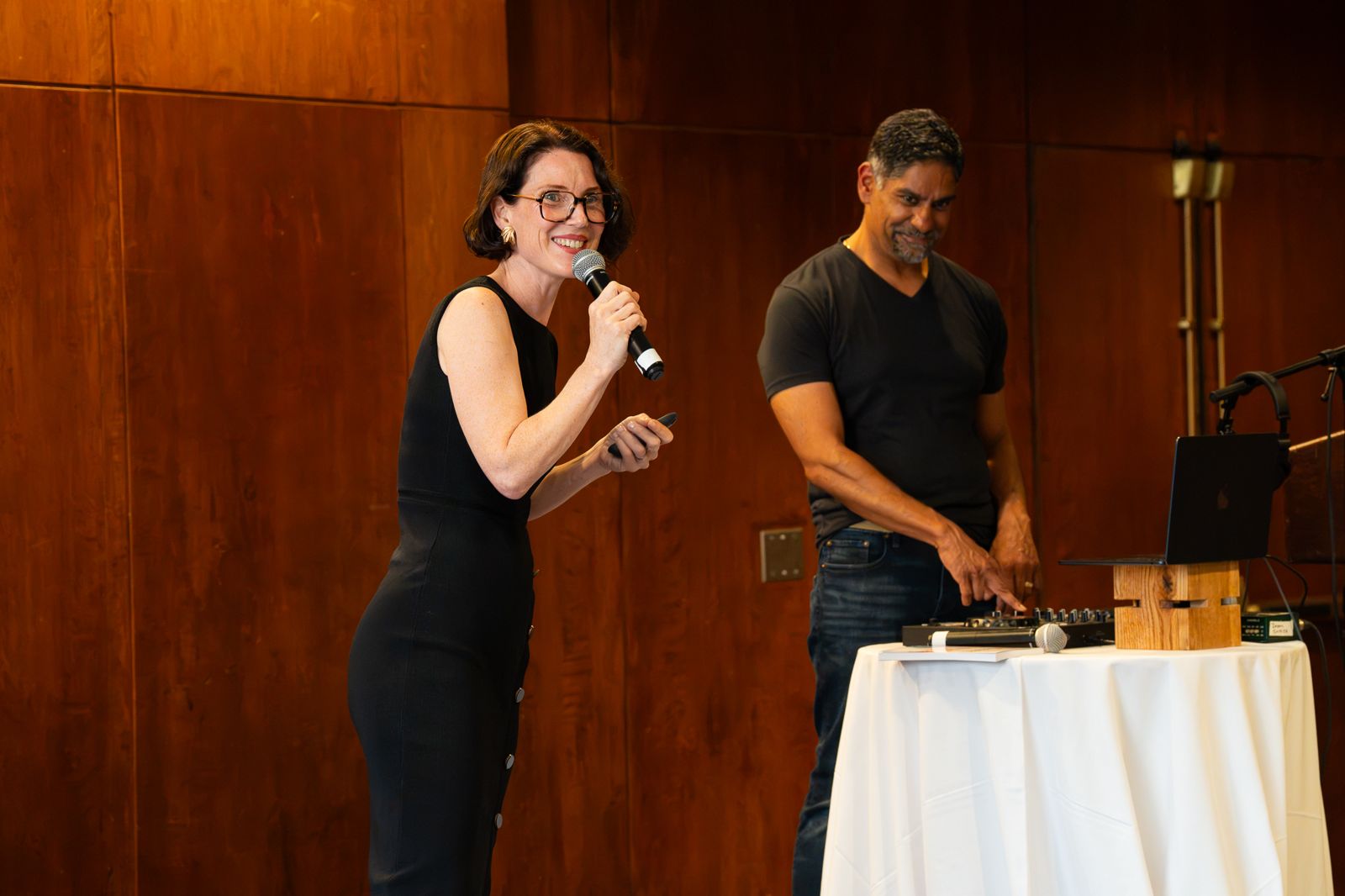 Monique Zytnik and Pinaki Kathiari on stage together