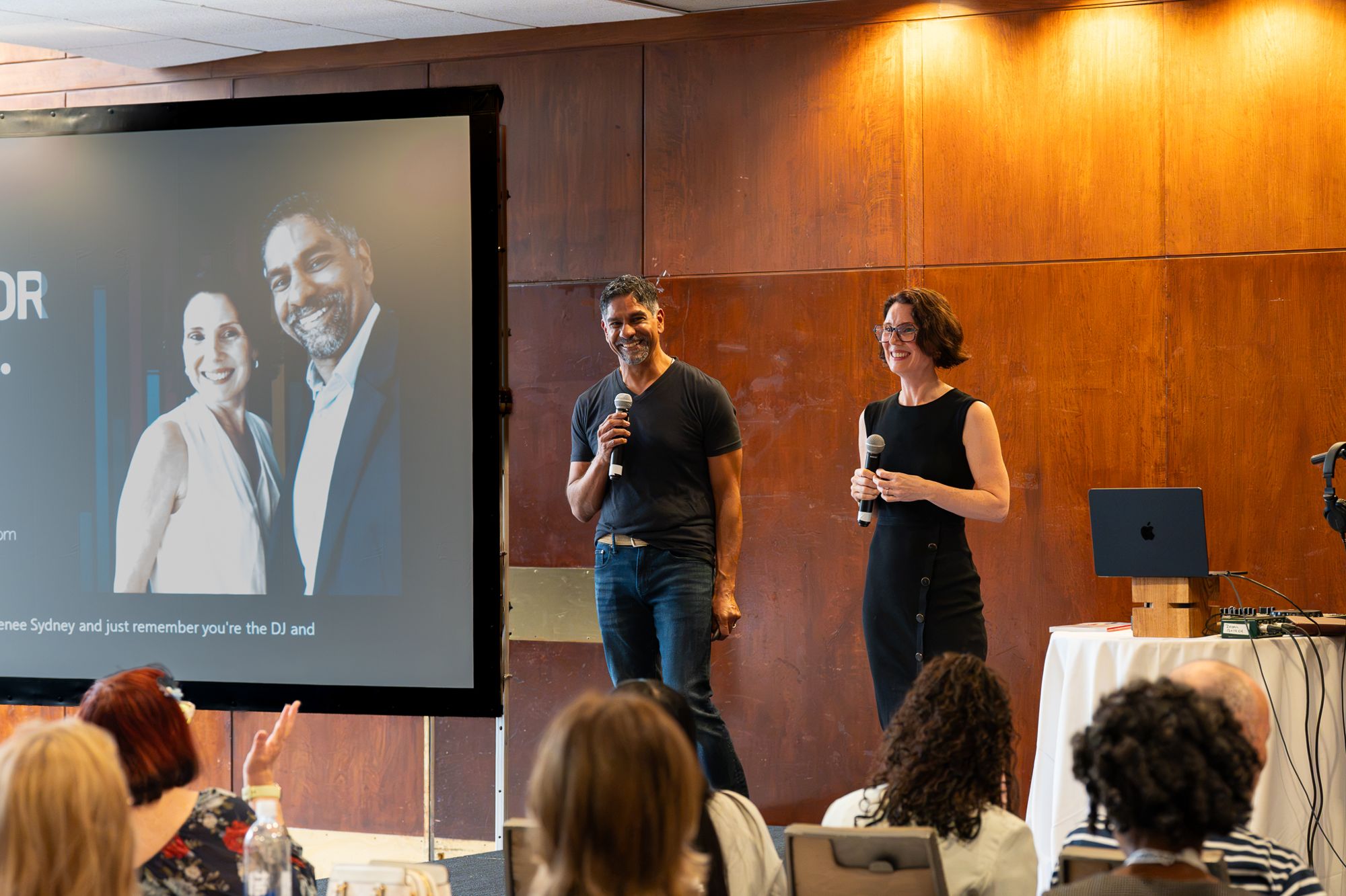 Pinaki Kathiari and Monique Zytnik on stage at IABC World Conference 2026, with the audience in front of them