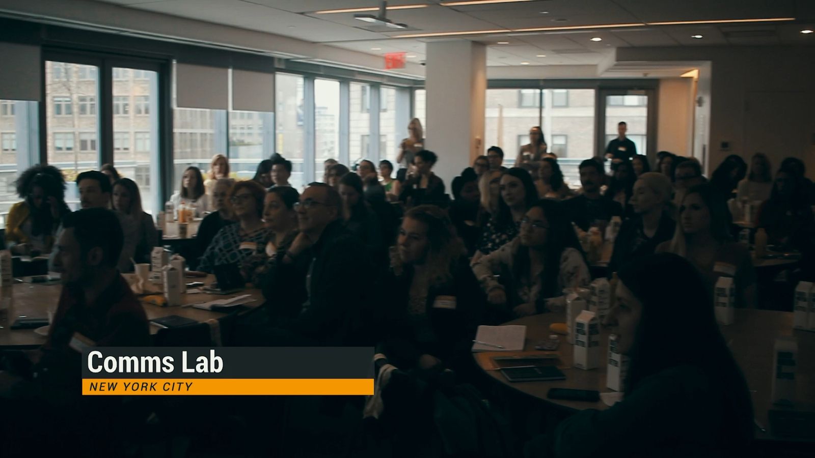 A packed room at Bananatag Comms Lab, New York City